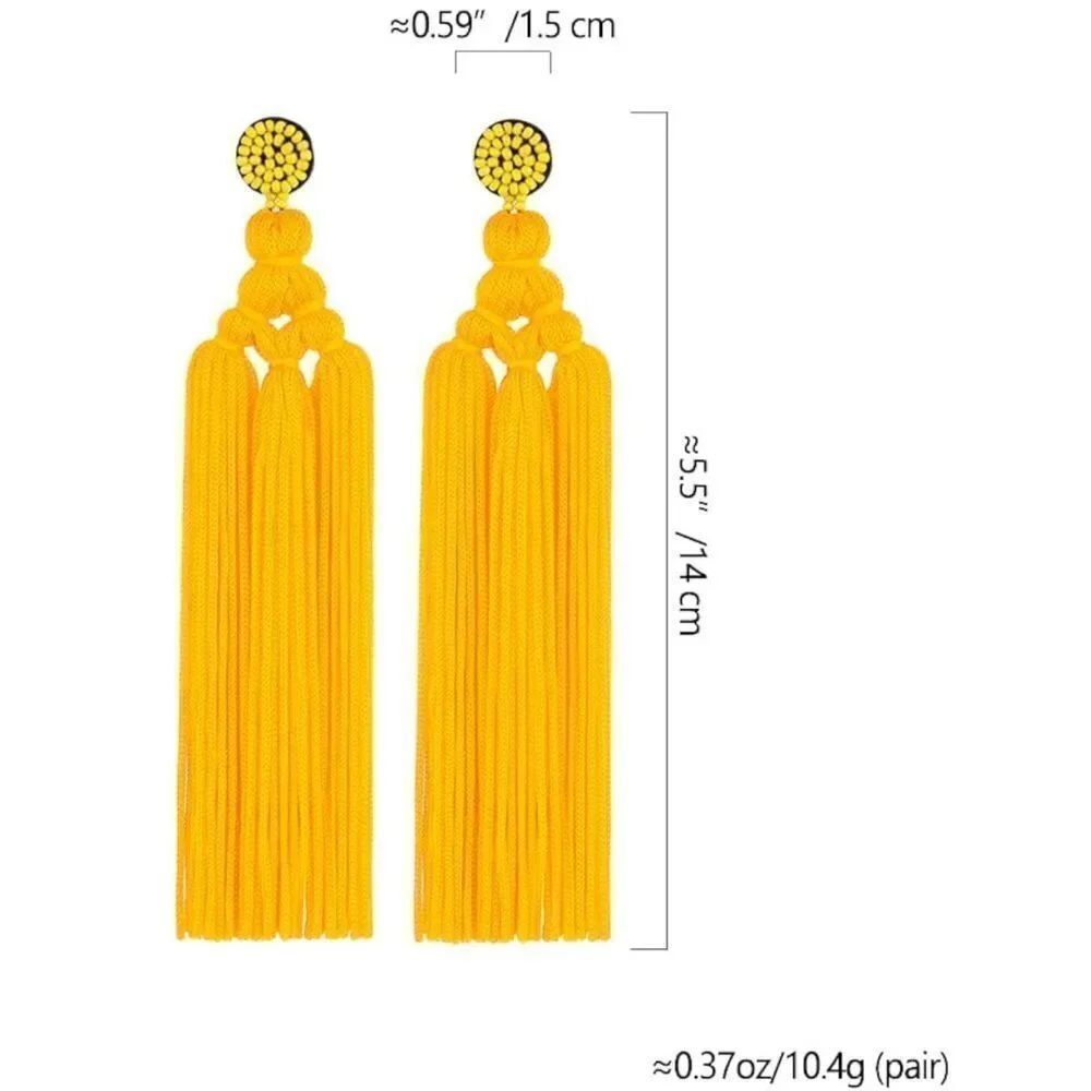 Long Yellow Hand Woven Tassel Knot Fringe Boho Dangling Drop Post Back Earrings - Picture 5 of 6